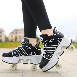 Boys And Girls Double Wheel Row Sneakers Can Be Put Away (Option: 1208Black-35)